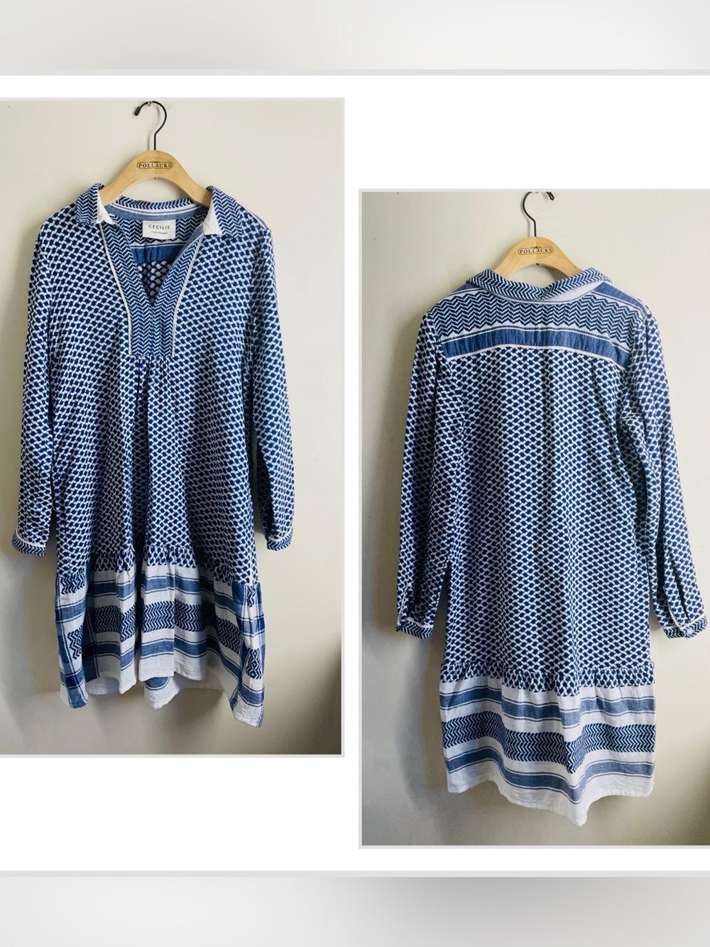 Cecilie Copenhagen Lynette Dress Blue White Cotton Tunic Dress size XS